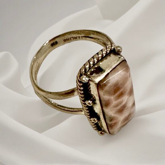 Rare! Pink Larimar Rectangle Rope Boho Ring Sterling Size 8 - Picture 5 of 6
